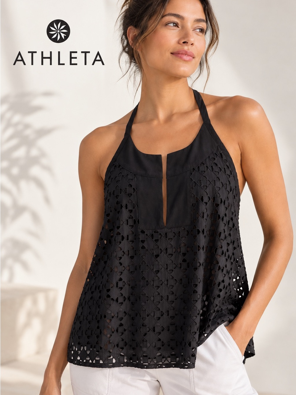Athleta Eyelet Dunes Tank Black Size L NWT Wanderluxe Halter Travel Top